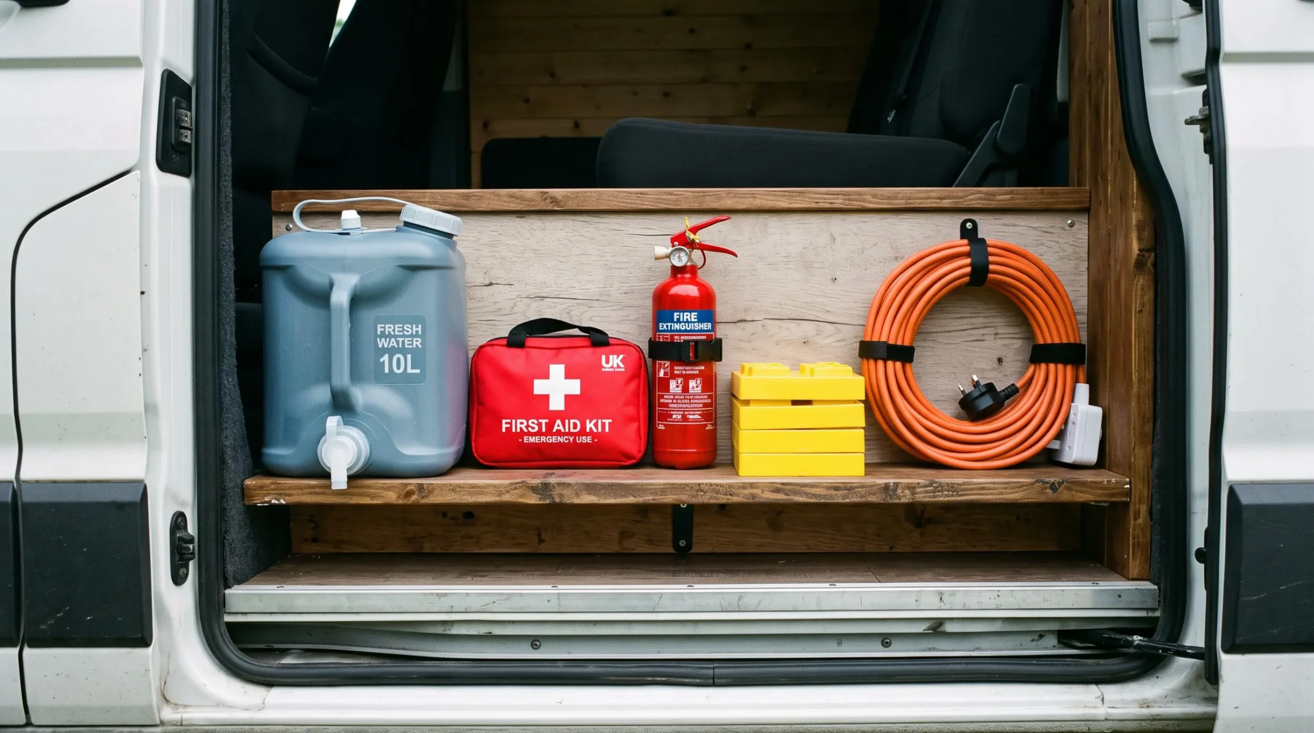 Campervan interior storage compartment viewed through open door, showing organized essential items including water container, first aid kit, levelling blocks and electrical cable on shelf