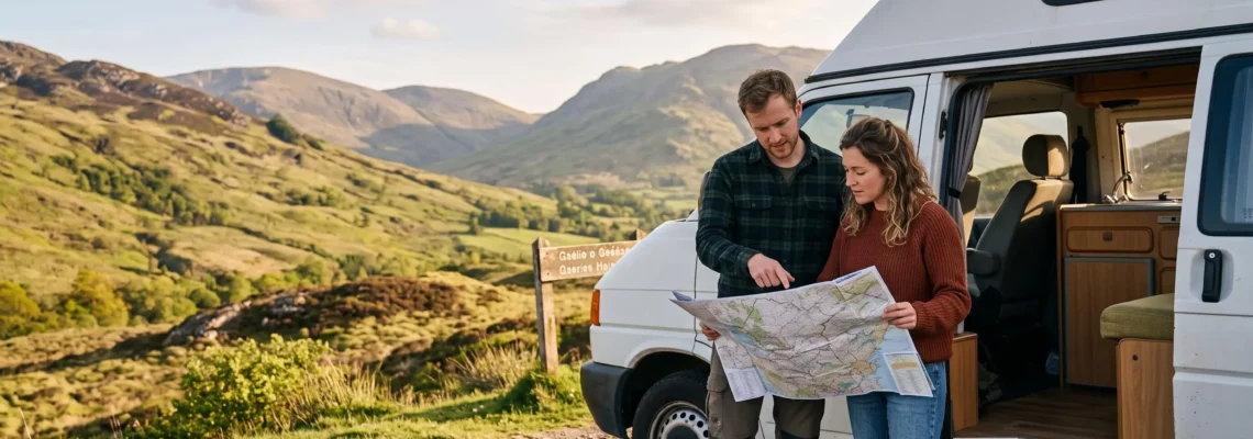 Couple consulting paper map beside white campervan parked at Scottish Highland viewpoint, vehicle door open, green hills in background under late afternoon light