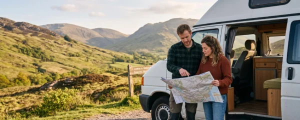Couple consulting paper map beside white campervan parked at Scottish Highland viewpoint, vehicle door open, green hills in background under late afternoon light