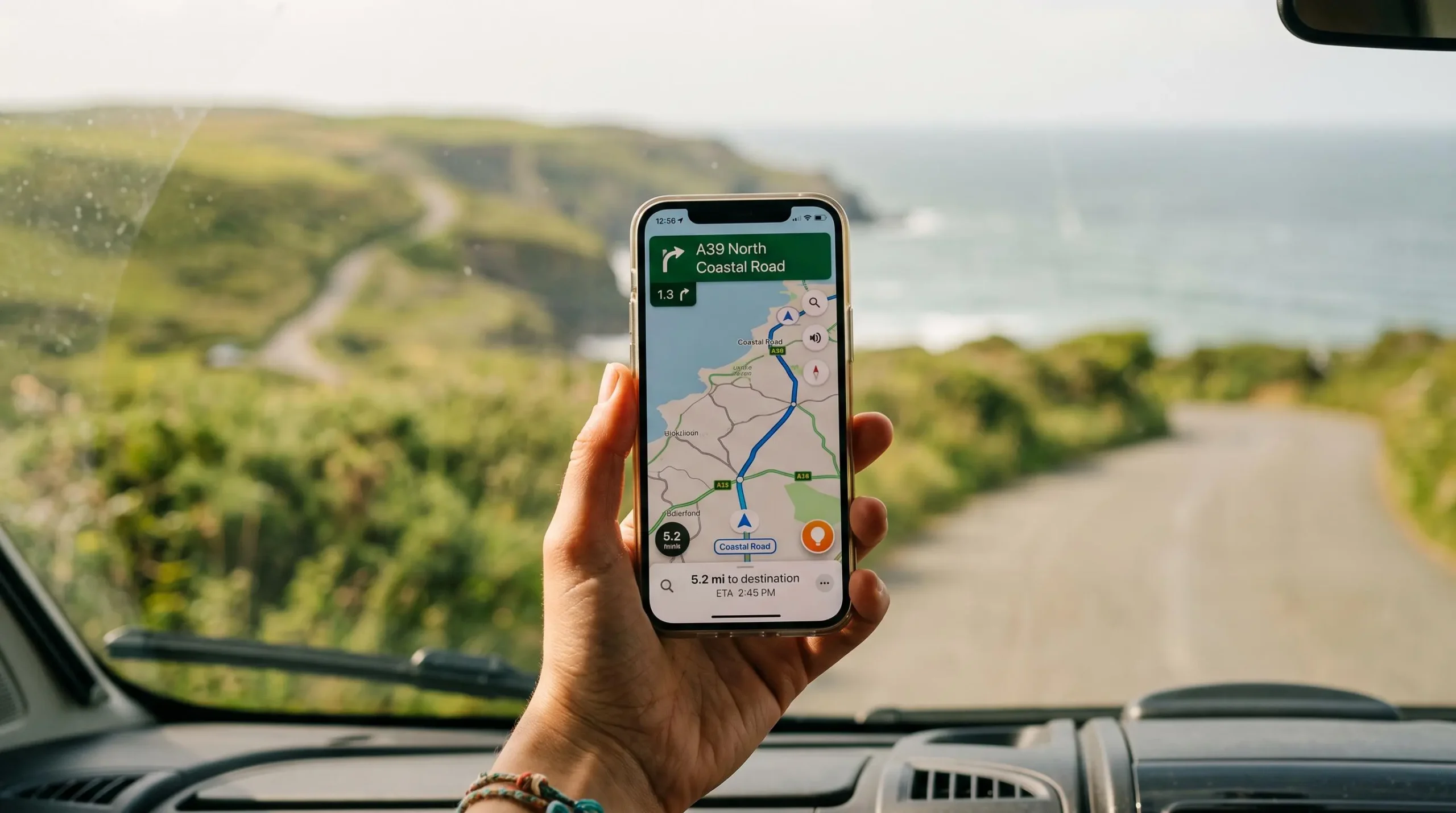 Hand holding smartphone displaying navigation map with route visible, photographed from inside campervan with coastal British landscape visible through windscreen