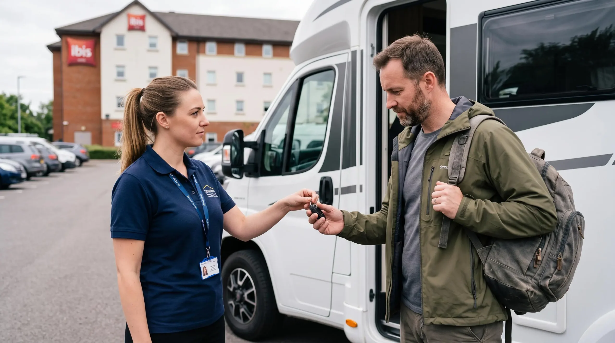 Rental staff member handing campervan keys to customer beside white vehicle in outdoor airport pickup location, Ibis hotel visible in background